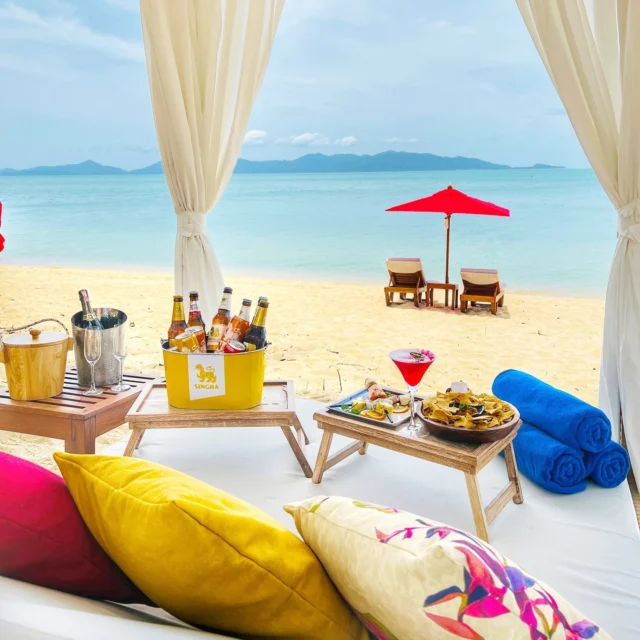 Escape to paradise with ocean views, drinks in hand, and light bites at our beach bed. Sip Ferrari Brut, enjoy nachos and fruit skewers, and soak in the day’s beauty.⁠
⁠
Reserve your spot and indulge in a day of true beachfront relaxation.⁠
⁠
#SantiburiKohSamui #สันติบุรีเกาะสมุย